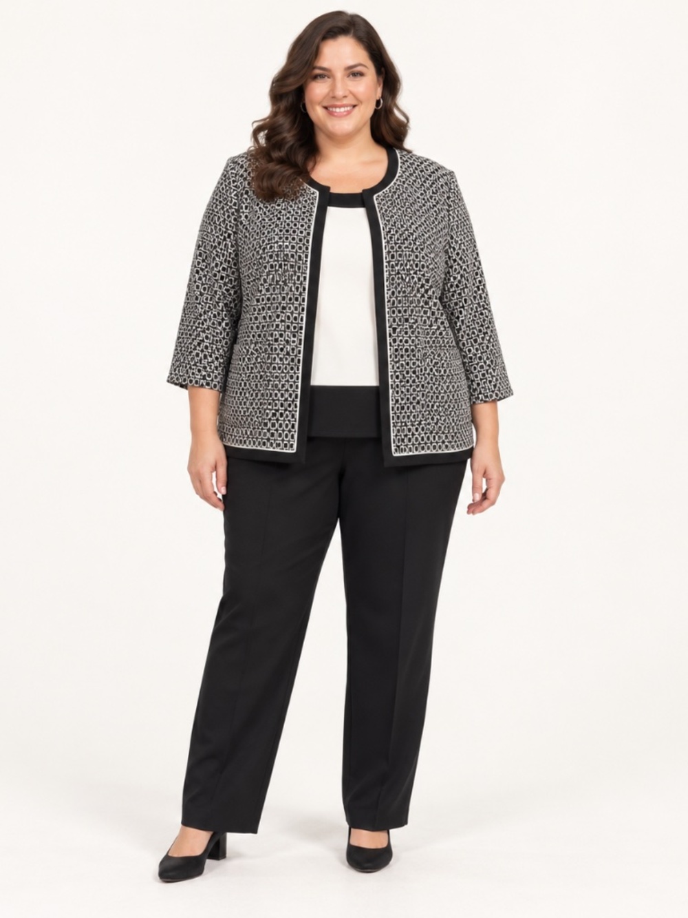 Studio I Woman 20W Black Ivory 3 Piece Pantsuit Jacket Shell Pants